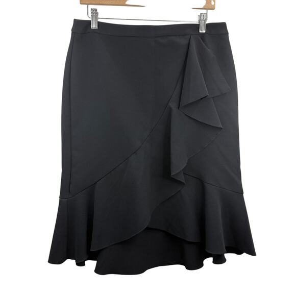 Worthington‎ Black Ruffle Midi Skirt Sz 12 Feminine Flirty Classic Flowy Chic - Picture 1 of 7